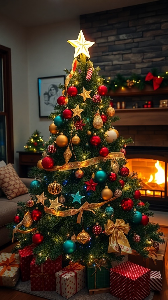 Christmas Tree Decorating Guide A decorated Christmas tree with lights and ornaments in a cozy living room.